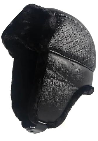 bomhys Russische Mütze Leder-Schneekappe, Herren-Bombermütze, Uschanka, Sowjetisches Schwarzes Kunstfell, Thermo-Wintermütze Mit Ohrenklappe, Russische Mütze, Schwarz, 59–60 cm