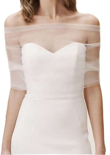 MAYJOYDIY White Tulle Shawls One-Shoulder Tulle Shawl Detachable Polyester Shawls Fashion Bridal Capelets for Bride Bridesmaid Wedding Clothing Evening Dress(Size S-88cm