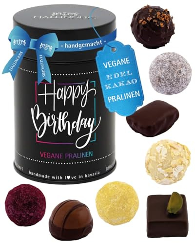 Hallingers Genuss Manufaktur Vegane Pralinen Geburtstagsgeschenk - mit & ohne Alkohol, handmade aus Confiserie-Edelkakao in wertiger Geschenkdose Happy Birthday, Geschenke für Frauen Männer