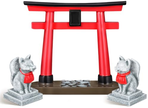Toddmomy Torii-Skulptur Aquarium-Dekor Japanisches Torii-Tor Kleine Simulationsornament Mit 2 Tierstatuen Für Aquarium-Landschaft Zen-Gartendekoration Und Asiatische Deko