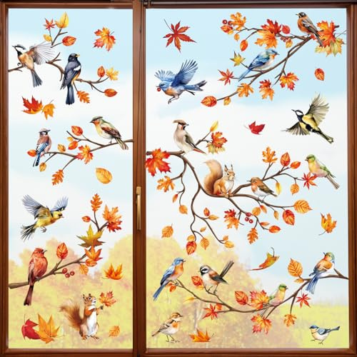 decalmile Window Clings Bird Branch Maple Leaves Reusable Windows Decals