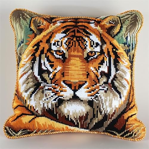 kitphoenix Knüpfen Kissen Set Tiger Knüpfkissen Set für Anfänger Erwachsene oder Kinder zum Selber Knüpfen, DIY Knüpfteppich Knüpfpackung, Knüpfhaken Set 43 x 43 cm