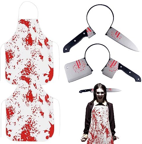 UieaMsio Diadema Con Cuchillo y Delantal Ensangrentado de Halloween - 4 Piezas Disfraz de Terror Incluye Cuchillo en la Cabeza y Delantal Sangriento
