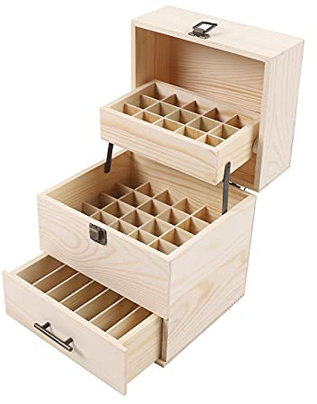 Tyvotrend Aufbewahrungsbox, Holz Ätherisches Öl Organisator mit Deckel, Öle Display Organizer mit 59 Fächer, Duftöle Display Ständer mit Schublade und Zwei Groß Fächer, für Nagellack