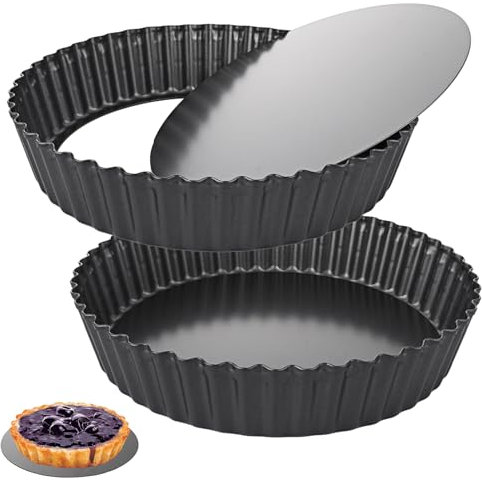 WOPPLXY 2 PCS 10 Inch Deep Quiche Tins with Loose Base, 26CM Non Stick Deep Pie Quiche Dish, Carbon Steel 5.5CM Deep Fluted Flan Tin for Baking