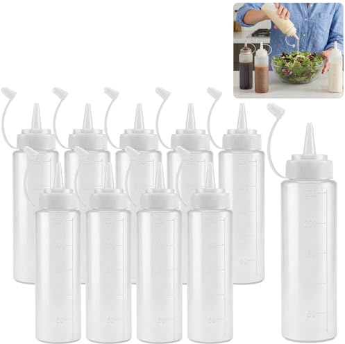 JinPhon 10er-Set Flexible Saucenflaschen aus Kunststoff – 250 ml (8 oz) Drück-, Quetsch- & Spritzflaschen, Ideal als Dosierflaschen/Squeeze Bottle für Vinaigrette, Dressing, Ketchup, Senf & Mayo