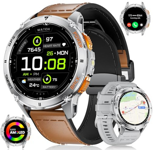 LIGE GPS Smartwatch Herren mit LED Taschenlampe 1.43″AMOLED Smart Watch Herren für iOS Android mit Telefonfunktion 600 mAh Batterie Kompass Smartwatch