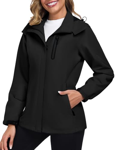 UMIPUBO Donna Giacca Impermeabile Antipioggia Softshell Giubbino Antivento Sportiva Traspirante Leggero Trekking Cappuccio Autunnale Trench Giacchetto(Nero,XL)