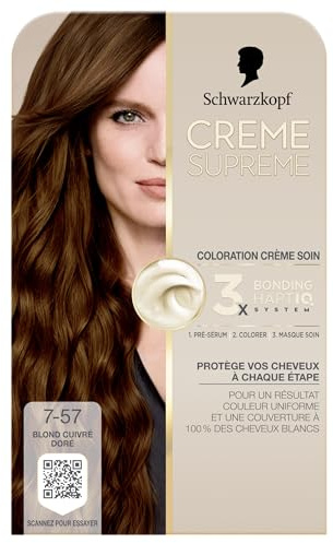Creme Supreme Schwarzkopf Coloration Soin Permanente 7.57 Blond Cuivré | coloration cheveux, couleur 7-57 blond cuivré doré, couvre les cheveux blancs, couleur uniforme, 3x bonding, éclat durable