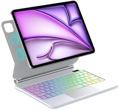 WAVATA Magic Keyboard Hülle für iPad Air 13 Zoll (M3,2025 M2,2024) & iPad Pro 12.9 Zoll (6.,5.,4.,3. Generation), Magnetisches Befestigungsdesign, 7 Farben Hintergrundbeleuchtung Tastatur, Weiß