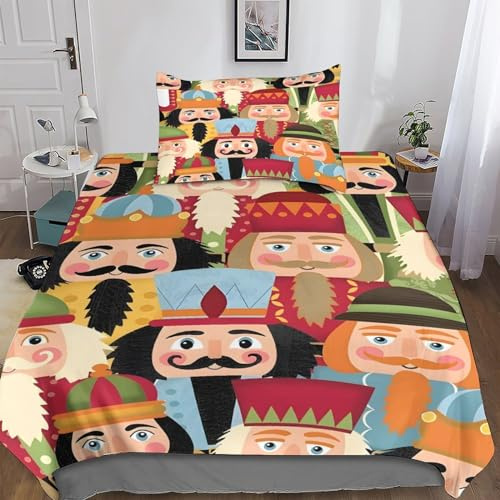 AYZOFCNDK Christmas Duvet Cover Soft Polyester Bedding Set for Kids Teens Adults Room Decor,3D Printed Nutcracker Soft Polyester Cover,Bed Set 1 Pillow Cases for All Season Single（135x200cm）