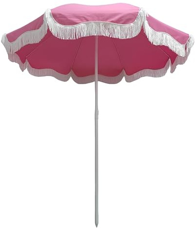 180cm Sonnenschirm mit Neigung,Boho Strandschirm, Sonnenschutz Terrassenschirm mit Fransen, Garten Windbeständig Sonnenschirme, Rosa