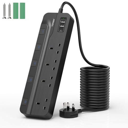 TOPREK 4 Plug Extension Lead with Ultra Wide Socket, Individual Switch 2 USB-A, 1 USB-C Extension Cable, 10m Extension Lead with USB Slots for Wall Mounting