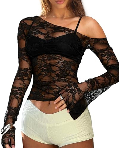 Navneet Women Sexy Lace Top Flare Sleeve Mesh Sheer Top See Through Going Out Tops Off Shoulder Tops Party Club Rave Festival Black XS