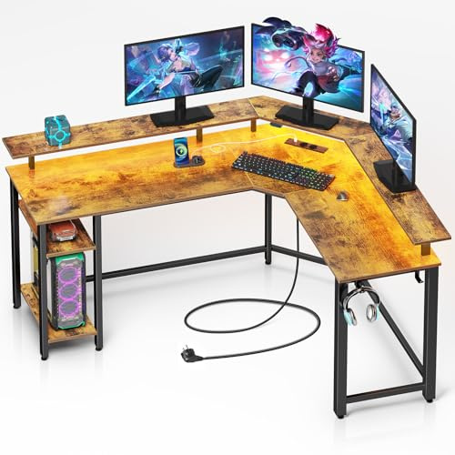 Rolanstar Schreibtisch L Form mit RGB-LED & Steckdosen, 117 cm Computertisch mit Monitorständer & Ablagefläche, Reversibler Eckschreibtisch mit 2 Haken, perfekt für Schlafzimmer Büro, Vintagebraun