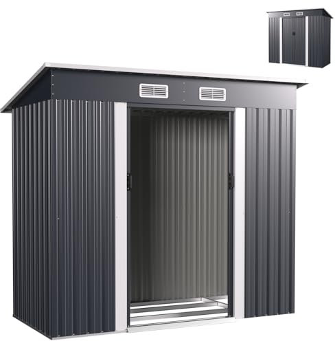 HOMASIS Capanno da Giardino in Metallo con Tetto Inclinato, Casetta da Giardino con Porta Scorrevole e Aerazione, Struttura Rinforzata, Resistente per Fattoria, Terrazza, 213 x 112 x 186 cm