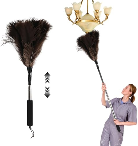 31-110cm Feather Duster Extendable, Ostrich Feather Duster for Cleaning, Long Handled Dusters with Fluffy Natural Feathers Household Dust Removal Tool for Cleaning High Ceilings Cupboards Car Office