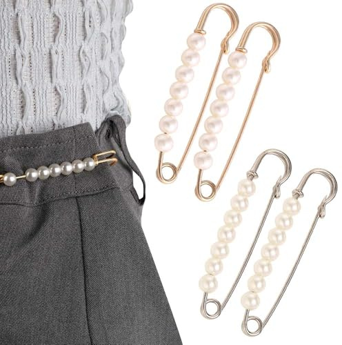 HABNI Brosche 4 Stück - Gold Silber Ausschnitt Verkleinern Broschen 7.5Cm 7 Perlen, Sicherheitsnadel Strass Pullover Clip Pins Für Damen Rock Taille
