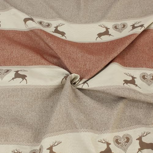 Hirsch Stoff Meterware Braun – Alpiner Dekostoff 140 cm breit – Polyester Landhausstoff mit Hirsch & Herz Streifenmuster – pflegeleicht – Made in Germany