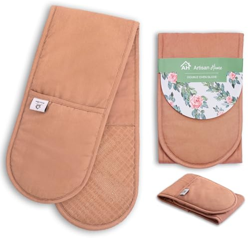 Pink Double Oven Gloves | Thick Potholders Heat Resistant | Quilted Cotton & Silicone Non-Slip Design Pot Holders for Baking Cooking BBQ | Machine Washable Thick Gloves Oven Mitts Kitchen Accessories