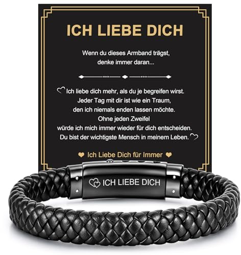 FLHEART Lederarmband Geschenke für Männer Papa Vatertagsgeschenk - Schwarz Leder Armband Herren Gravur Ich Liebe Dich für Mann Sohn Papa, Männer Armband Geschenke für Vatertag Geburtstag