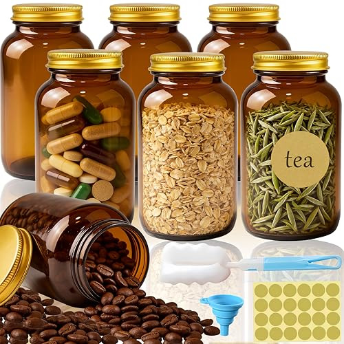 Rliocvhe 6 Stück Vorratsdosen Glas Set, Braungläser 400ml mit Deckel Luftdichtl, Luftdicht Braunglasflasche mit Etiketten Trichter & Tassenbürste, für Aufbewahrung Gewürze, Kräuter, Tee, Kaffee, Nüsse