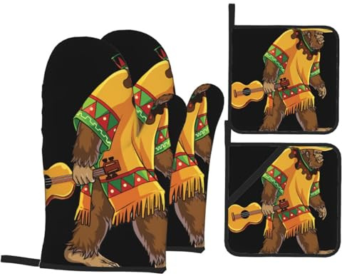Bigfoot Sasquatch Mexican Heat Resistant Oven Mitts and Pot Holders Set of 4-500°f Protection Utensil Pocket for Grilling, Baking, Cooking