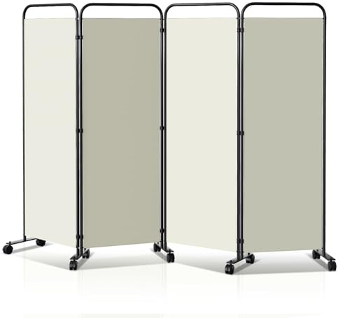 Yugodex Paravent rumsavdelare vikbar fristående skiljevägg på hjul, omklädningsskydd, rumsseparator 4 delar 228 x 180 cm, fristående rumsavdelare för kontor, sovrum – beige