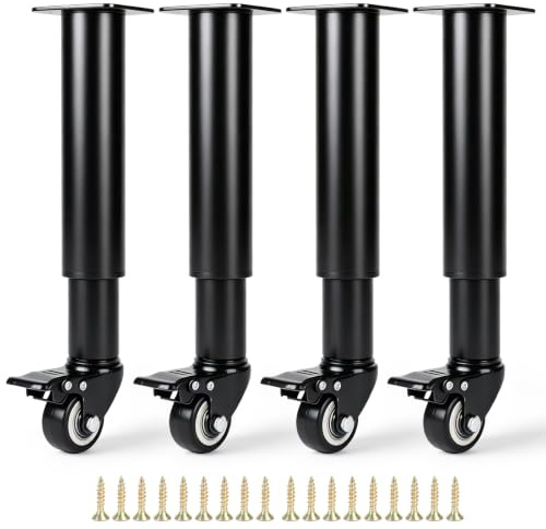 DBREAKS 4 Piezas Patas Regulables para Muebles con Ruedas 360° (24-36cm), Patas de Mesa de Metal Ajustables, Ruedas para con Frenos, para Muebles Armario Cama Sofas Mesa Escritorios Gabinet, Negro