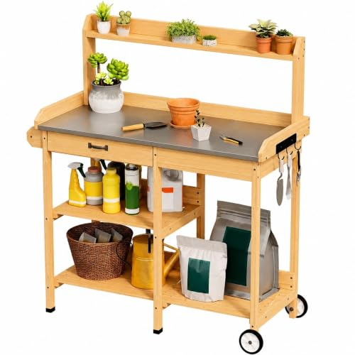 Xbro Mesa de Jardinería con Ruedas, Mesa para Plantas de Madera con Encimera de Metal Galvanizado, Cajón, Estantes y Ganchos para Balcón, Terraza, Jardín, 112 x 43 x 121 cm, (Retro)