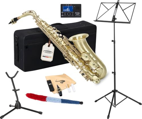 Classic Cantabile AS-450 Brushed Eb-Altsaxophon Set, Altsax aus Messing | Von Hand matt gebürstet, Klarlackiert, Hoch-Fis-Klappe, Voller, warmer Klang, Sehr ergonomische Klappenmechanik, Gewicht: 2
