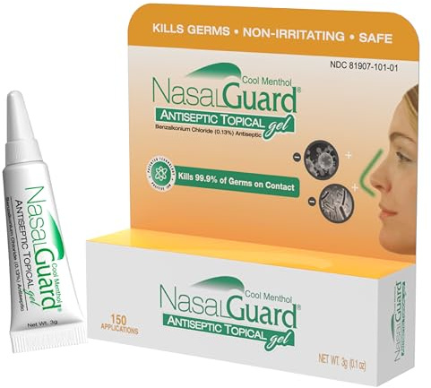 NasalGuard Nasal Antiseptic Gel | Helps Kill 99.9% of Germs Around the Nose | Alcohol-Free, Moisturizing, Daily Use | Drug-Free Protection | 150+ Applications (Cool Menthol, 3g)