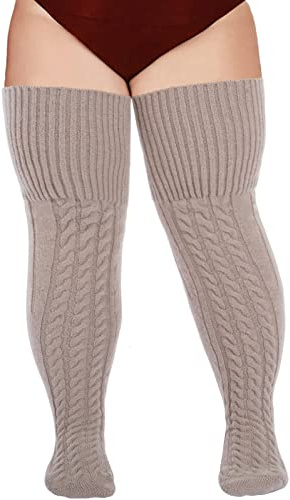 Moon Wood Overknees Strümpfe Damen Große Größen Extra Lange Strick Thigh High Socks Dicke Warme Überknie Kniestrümpfe Damen Wolle mit Garter Beige