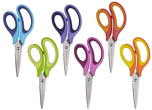 WA Portman 6 Pk Pointed Tip Kids Scissors for School - 5 Inch Scissors for Kids - Back to School Supplies - No-slip Grip & Durable Stainless Steel Blades - Ideal for Classroom & Home Use