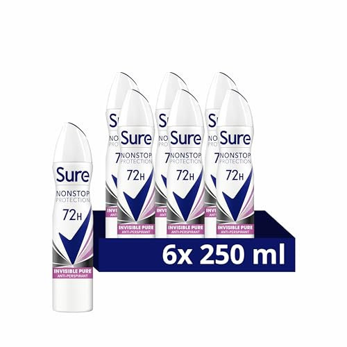 Sure Women Nonstop Protection Invisible Pure Deodorant Body Spray Antiperspirant with body heat activated technology & white mark protection for 72 hour odour and sweat protection 250 ml, Pack of 6