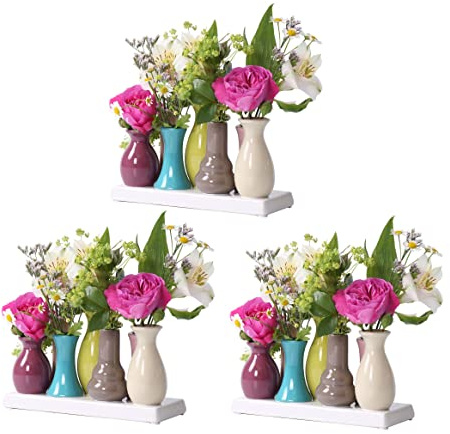 Jinfa 3er Set Keramikvasen – Bunte Mini-Vasen je 7 Stück (19×7×11 cm) – Skandinavische Tisch- & Wohnungsdeko – Handgefertigt für Blumen, Trockenblumen & Geschenkideen