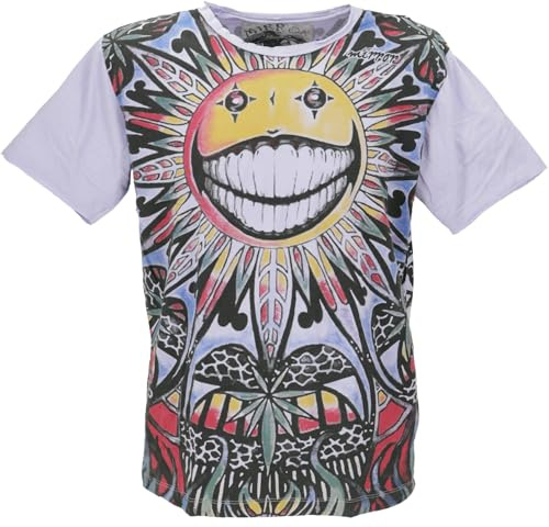 Mirror T-Shirt, Herren, Buddha Design, Happy Day/grau | 100% Baumwolle, normaler Schnitt, handgefertigter Siebdruck, ideal für Yoga und Partys, besonders weich und langlebig.