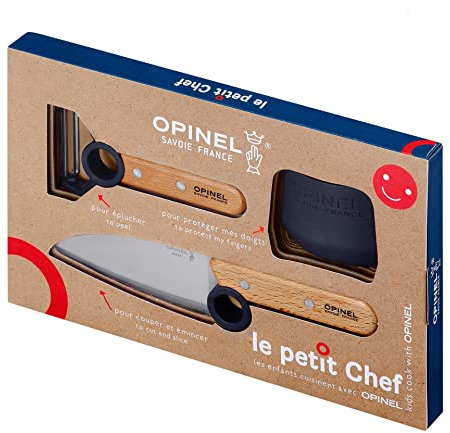 Opinel Le Petit Chef Küchenmesser-Set für Kinder, 3-teilig, in Blau, Kochmesser, Fingerschutz, Sparschäler, 254641