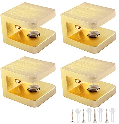 Zorfeter 4 Pcs Adjustable Glass Shelf Brackets, Solid Brass Glass Clamp No-Drill Glass Holder Clip Support for 8mm - 10mm Thickness Glass (Brushed Brass) | Solid Brass Glass Clamp, No-Drill Glass Holder Clip Support, For 8mm - 10mm Thickness Glass