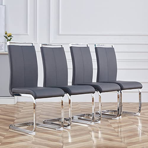 KecDuey Esszimmerstühle 4er Set，Freischwinger Schwingstuhl 4er— Esszimmerstuhl mit Metall-Gestell & Bezug aus Kunstleder, Polsterstuhl,Küchenstühle (4er Set Grau)