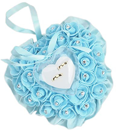 Wambere Hochzeit Ringkissen,Ringkissen Gastgeschenk Ringkasten Hochzeit Ringbox Hochzeitsringkissen,romantische Rosen-Herzform, Hochzeits-Ringkissen, Geschenk-Halter, Deko,18x19cm,Hellblau