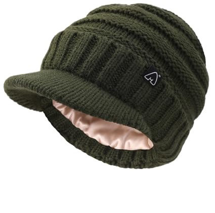 Hat Hut Beanie Damen Herren Satin gefütterte Wintermützen für Frauen Slouchy Beanies Satin gefütterte Beanie mit Krempe Visier (DE/NL/SE/PL, Alphanumerisch, Einheitsgröße, Olivgrün)