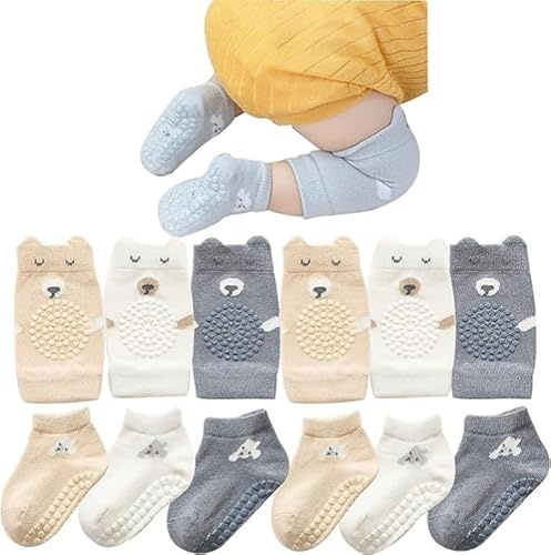 MUSLONG Baby Krabbeln 3 Paar Baby Knieschoner & Socken, Anti Rutsch Krabbelhilfe mit Gummipunkte Krabbelschoner Stulpen Knieschützer für Kleinkinder (kleiner Bär, 0-6 Monate)