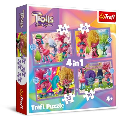 Trefl – Trolls Band Together, Aventures de Trolles Colorés – Puzzle 4en1, de 35 à 70 pièces – Puzzles Colorés avec des Personnages de Bande Dessinée, pour Les Enfants à partir de 4 Ans