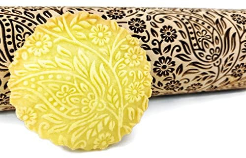 Mattarello Legno Goffrato KASHMIR | Mattarello Inciso | Rullo per Biscotti e per Modellare | Mattarello di Fiori | Mattarello Decorativo per Biscotti di Algis Crafts