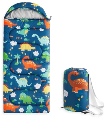 Wake In Cloud - Kids Sleeping Bag for Boys Toddlers, Camping in Warm Cold Weather, Backpacking Lightweight Compact Outdoor Liner for 3 Seasons, Cartoon Jurassic Dinosaur, Navy Blue