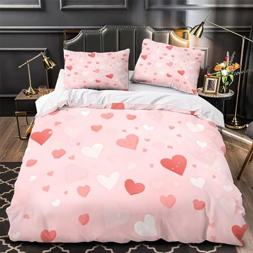 Copripiumino Singolo Cuore Rosa, Set di Biancheria da Letto Tema Romantico in Morbida Microfibra Stampata in 3D con Cerniera Copripiumino 150x200 cm con 2 Federe L1047