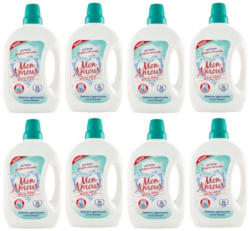 Confezione da 8 detergenti liquidi FELCE AZZURRA Mon Amour Igiene Attiva Detersivo Igienizzante, Igienizzante, Igiene per vestiti colorati, 26 lavaggi, 1,560 l