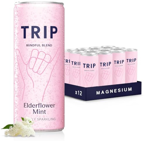 Trip Mindful Blend boisson légèrement pétillante aux adaptogènes, mocktail avec 120mg de magnésium, crinière de lion et L-théanine, sans sucres ajoutés, saveur fleur de sureau et menthe 12x250ml