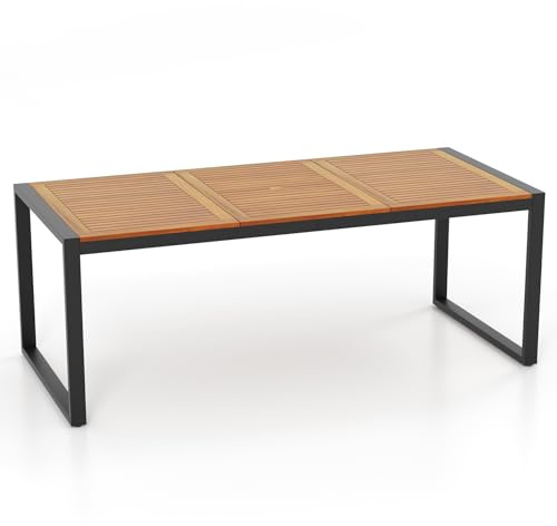 COSTWAY 2m Outdoor Dining Table, 8-Person Acacia Wood Garden Table with Slat Tabletop, Umbrella Hole, Metal Legs & Adjustable Foot Pads, Rectangular Bistro Patio Table (200 x 90 x 75 cm)
